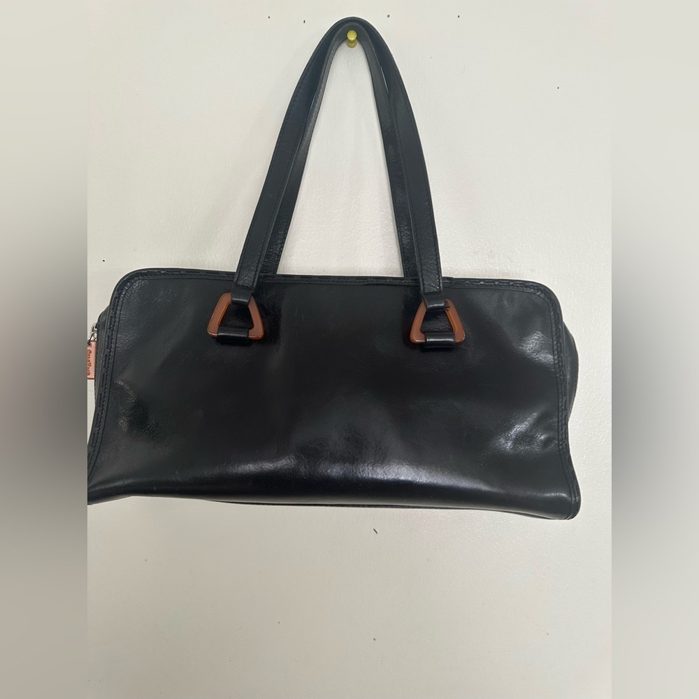 Cole Haan Vintage Black Leather Satchel with Amber Resin Hardware - Picture 14 of 15